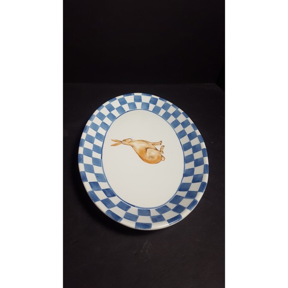 Easter Bunny Rabbit oval serving dish plate Blue Gingham Italian tableware - Picture 7 of 10